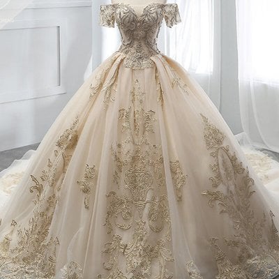 Sp1768,champagne ball gown tulle off the shoulder appliques prom dress