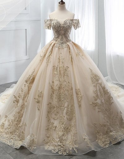 SP1768,Champagne Ball Gown Tulle Off The Shoulder Appliques Prom Dress
