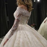 SP1770,Ivory Beaded Off the Shoulder Applique Beaded Lace Wedding Dresses Luxury Princess Bridal Gown - Thumbnail 1