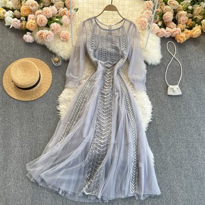 Summer Round Neck Perspective Long Sleeve Embroidered