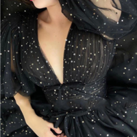 Black Starry Tulle Prom Dresses Half Puff Sleeve - Thumbnail 3