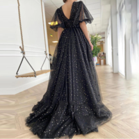 Black Starry Tulle Prom Dresses Half Puff Sleeve - Thumbnail 4