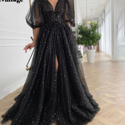 Black starry tulle prom dresses half puff sleeve - Thumbnail 4