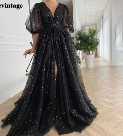Black Starry Tulle Prom Dresses Half Puff Sleeve