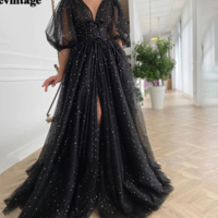 Black Starry Tulle Prom Dresses Half Puff Sleeve - Thumbnail 1