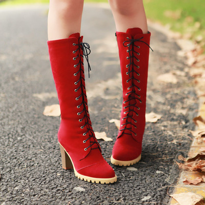 High heels cross tied lace up mid calf knight boot - Thumbnail 2