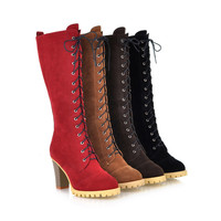 High Heels Cross Tied Lace Up Mid Calf Knight Boot - Thumbnail 8