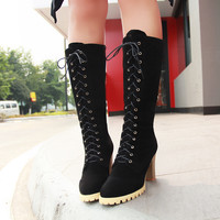 High Heels Cross Tied Lace Up Mid Calf Knight Boot - Thumbnail 7