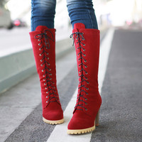 High Heels Cross Tied Lace Up Mid Calf Knight Boot - Thumbnail 2