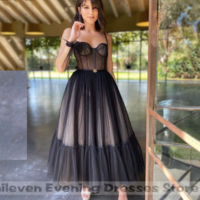  Black Dotted Tulle Short Prom Dress Spaghetti Strap - Thumbnail 2