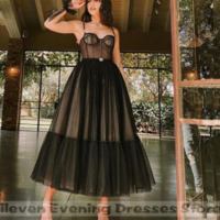  Black Dotted Tulle Short Prom Dress Spaghetti Strap - Thumbnail 4