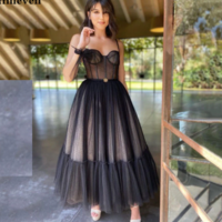  Black Dotted Tulle Short Prom Dress Spaghetti Strap - Thumbnail 1