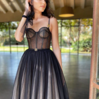  Black Dotted Tulle Short Prom Dress Spaghetti Strap - Thumbnail 5