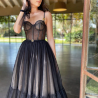  Black Dotted Tulle Short Prom Dress Spaghetti Strap - Thumbnail 6