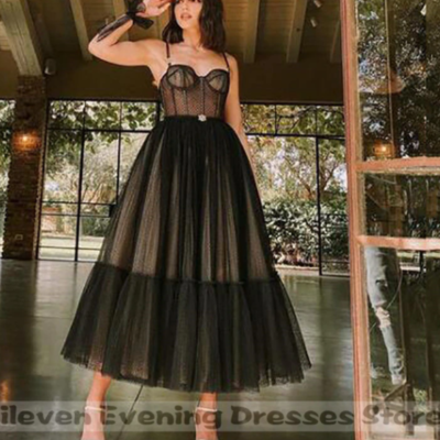  black dotted tulle short prom dress spaghetti strap