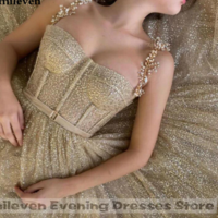  Gold Glitter Short Prom Dresses Straps A Line - Thumbnail 1