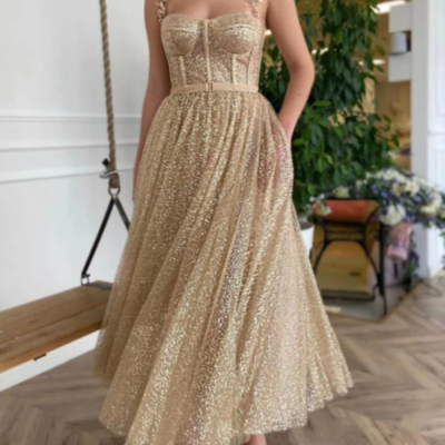  gold glitter short prom dresses straps a line - Thumbnail 3