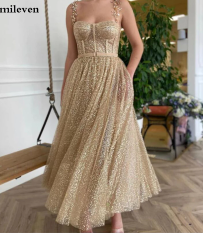  Gold Glitter Short Prom Dresses Straps A Line