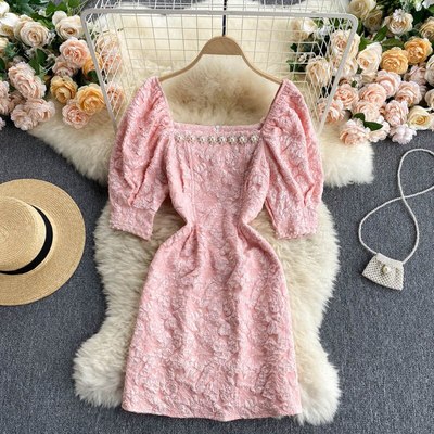 Summer girls puff sleeve square collar beading - Thumbnail 2