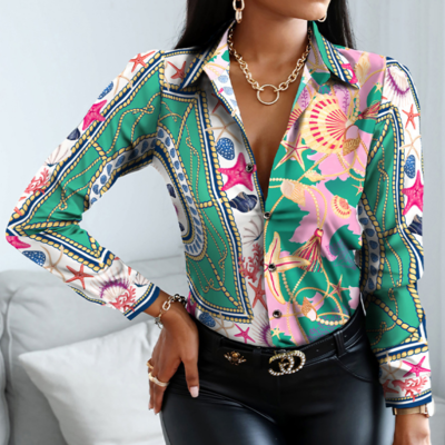 Printed long-sleeved chiffon shirt