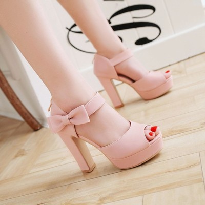 High heel fish mouth women sandals pink sweet bow
