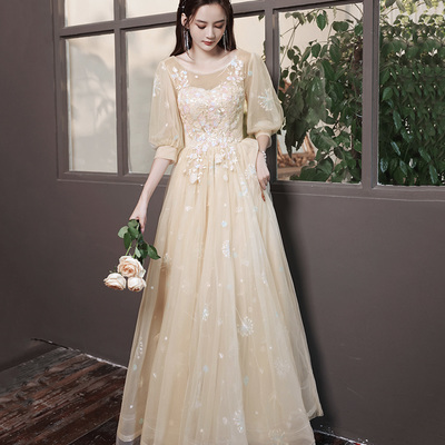 Champagne tulle lace long prom gown evening gown - Thumbnail 3