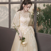 Champagne tulle lace long prom gown evening gown - Thumbnail 1