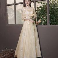 Champagne tulle lace long prom gown evening gown - Thumbnail 4