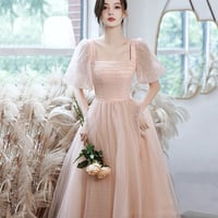 Pink Tulle Long A Line Prom Dress, Pink Evening Gown - Thumbnail 3