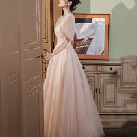 Pink Tulle Long A Line Prom Dress, Pink Evening Gown - Thumbnail 4