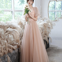 Pink Tulle Long A Line Prom Dress, Pink Evening Gown - Thumbnail 5