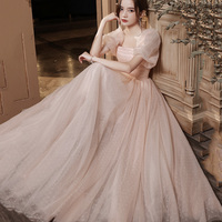 Pink Tulle Long A Line Prom Dress, Pink Evening Gown - Thumbnail 7