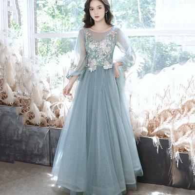 Blue tulle lace long prom gown evening gown - Thumbnail 2
