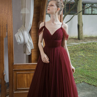 Burgundy tulle long prom dress simple evening gown - Thumbnail 1