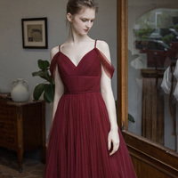 Burgundy tulle long prom dress simple evening gown - Thumbnail 2
