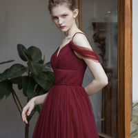 Burgundy tulle long prom dress simple evening gown - Thumbnail 5
