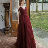 Burgundy tulle long prom dress simple evening gown - Thumbnail 6