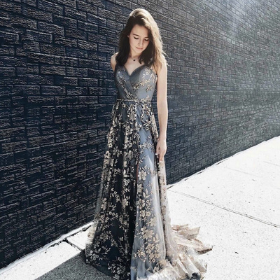 Gray tulle sequins long prom dress evening dress - Thumbnail 1