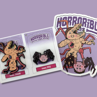 Horrorible kids thing juan & thing stu - limited edition enamel pin and sticker