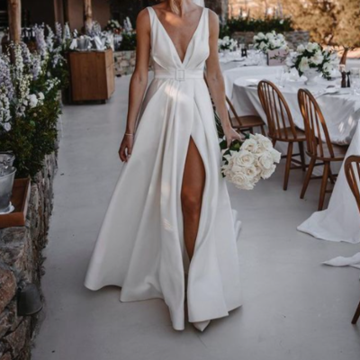 Vintage a-line v neck satin wedding dresses with slit,1157 - Thumbnail 1