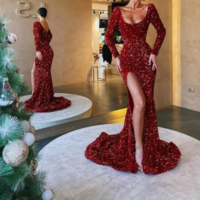 Modern Mermaid Scoop Neck Long Sleeves Dark Red Sequin Long Prom Evening Dresses,1159 - Thumbnail 1