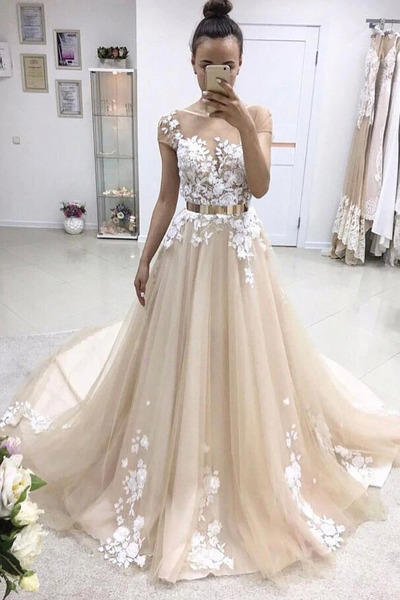 SP1771,A Line Court Train Short Sleeve Layers Appliques Prom Dress,Perfect Wedding Gowns