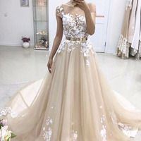 SP1771,A Line Court Train Short Sleeve Layers Appliques Prom Dress,Perfect Wedding Gowns - Thumbnail 1