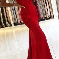 SP1773,Red Mermaid Spaghetti Straps Applique Long Prom Dresses - Thumbnail 1