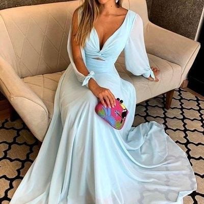 Sp1781,sexy light blue long prom dresses chiffon a line long sleeves evening party gown - Thumbnail 5