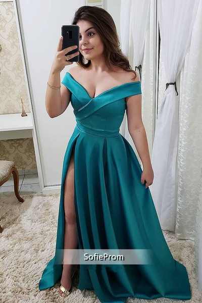 SP1783,Off the shoulder cheap satin a line prom formal gown with side slit