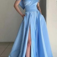 SP1784,Blue satin long A line prom dress blue evening dress - Thumbnail 1