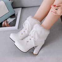  High Heel Boots Pink White Black Faux Fur  - Thumbnail 1
