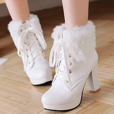  high heel boots pink white black faux fur 