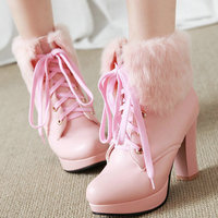  High Heel Boots Pink White Black Faux Fur  - Thumbnail 2